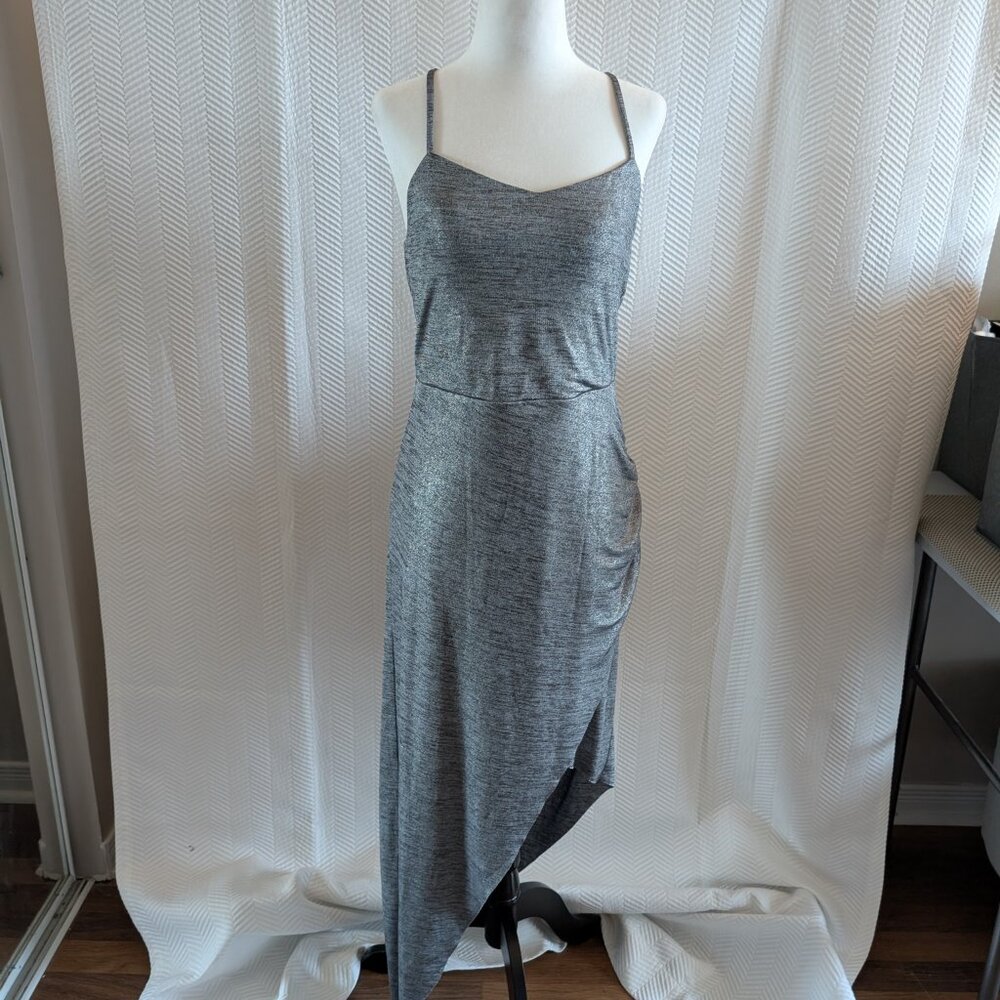 BCBGeneration Liquid Silver Metallic Asymmetrical Ruched Midi Dress Size Medium